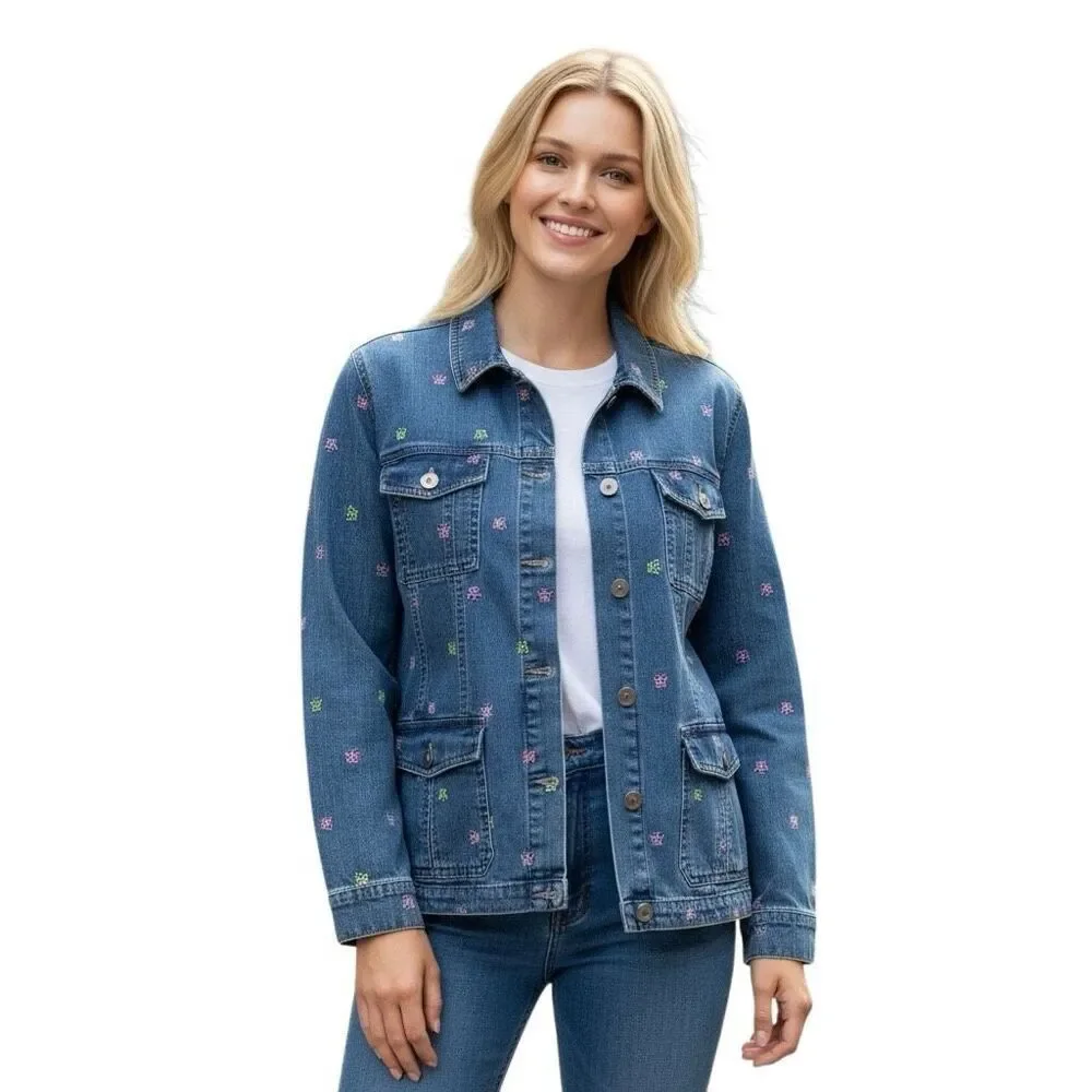 Vintage ALFRED DUNNER Denim Jacket Size 12‎ Blue 80s Embroidered Butterfly Cute!